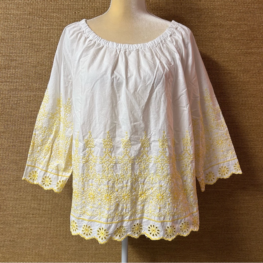 Talbots Top Women XL White Yellow Embroidery On/Off Shoulder
